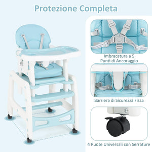 Seggiolone Pappa per Bambini 3 in 1, Seggiolone per Neonati con Vassoio Rimovibile, Cuscino per Seduta, Schienale Regolabile, per 6-36 Mesi, Capacità di Carico 20 kg (Blu)
