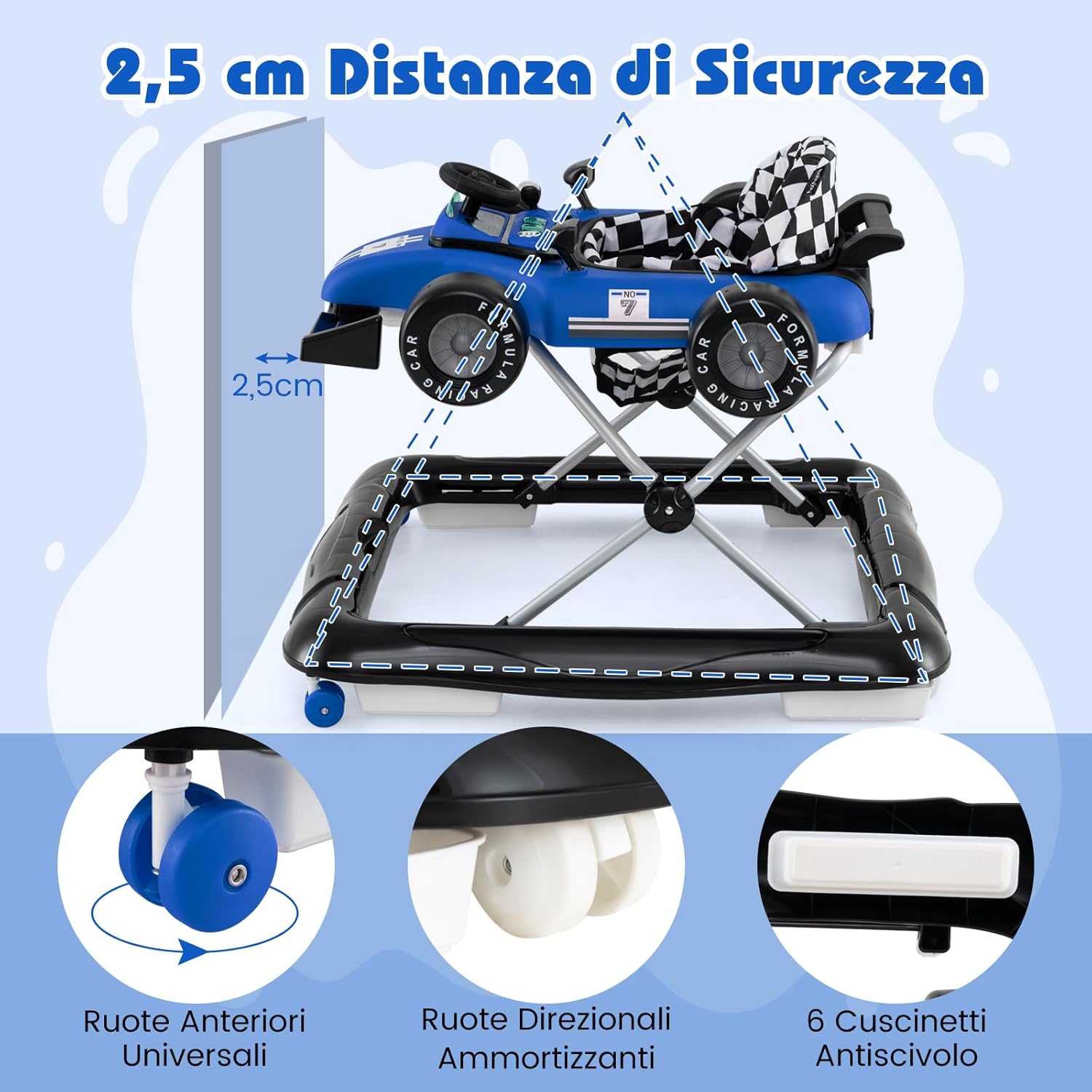 4 in 1 Girello per Bambini, Altezza Regolabile a 3 Livelli, Passeggino per Bambini, con Volante Imbottito e Scatola Musicale, Portata 12 kg, per Bambini 6-18 Mesi (Blu)