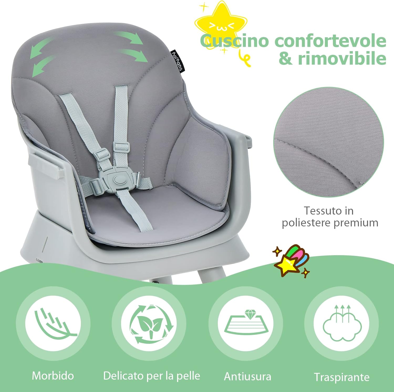 Seggiolone Pappa per Bambini 6 in 1, Seggiolone per Neonati Convertibile, Tavolo per Costruzioni per Bambini, con Imbracatura a 5 Punti, per Bambini da 6 Mesi fino 3 Anni (Grigio)