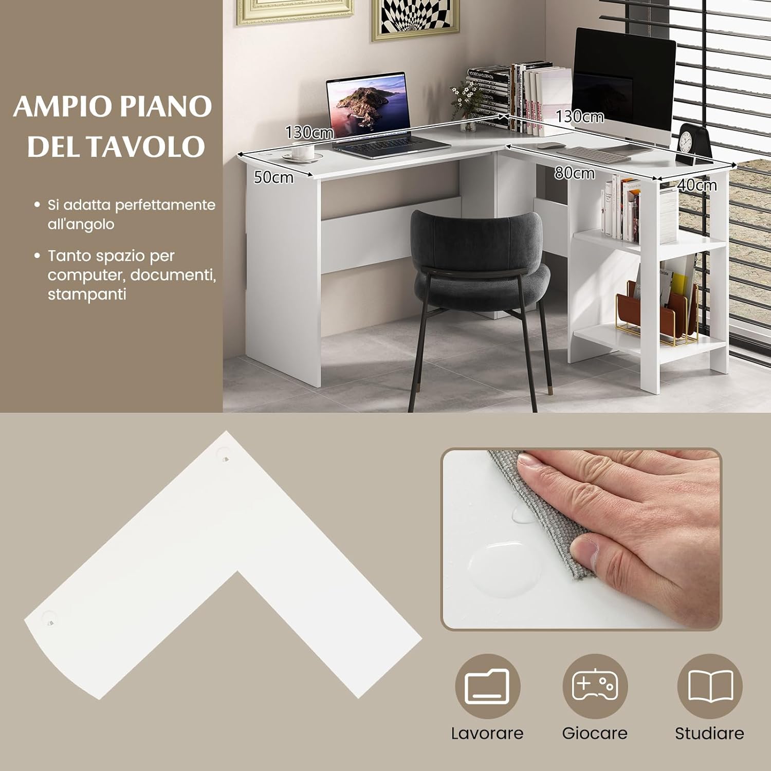 Scrivania Angolare per Computer con Ripiani, Scrivania Porta PC in Legno, Scrivania Salvaspazio e Moderna per Ufficio e Studio, 130 x 130 x 72,5 cm (Bianco)