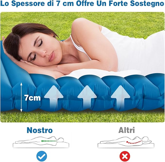 Materassino Gonfiabile da Campeggio, Materasso Gonfiabile Singolo Ultraleggero, Impermeabile Spessore 7 cm, Materassino Campeggio per Backpacking e Trekking, 197 x 63 x 7 cm