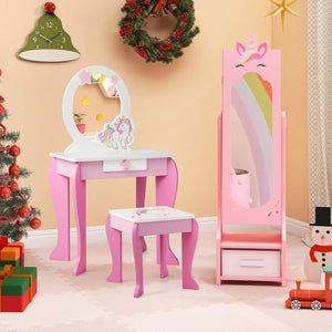Set Toeletta per Ragazza, Toeletta Trucco per Bambini con Sgabello, Specchio Staccabile e Cassetto, Postazione Trucco in Legno per Cameretta 49.5 x 35.5 x 89cm (Rosa)