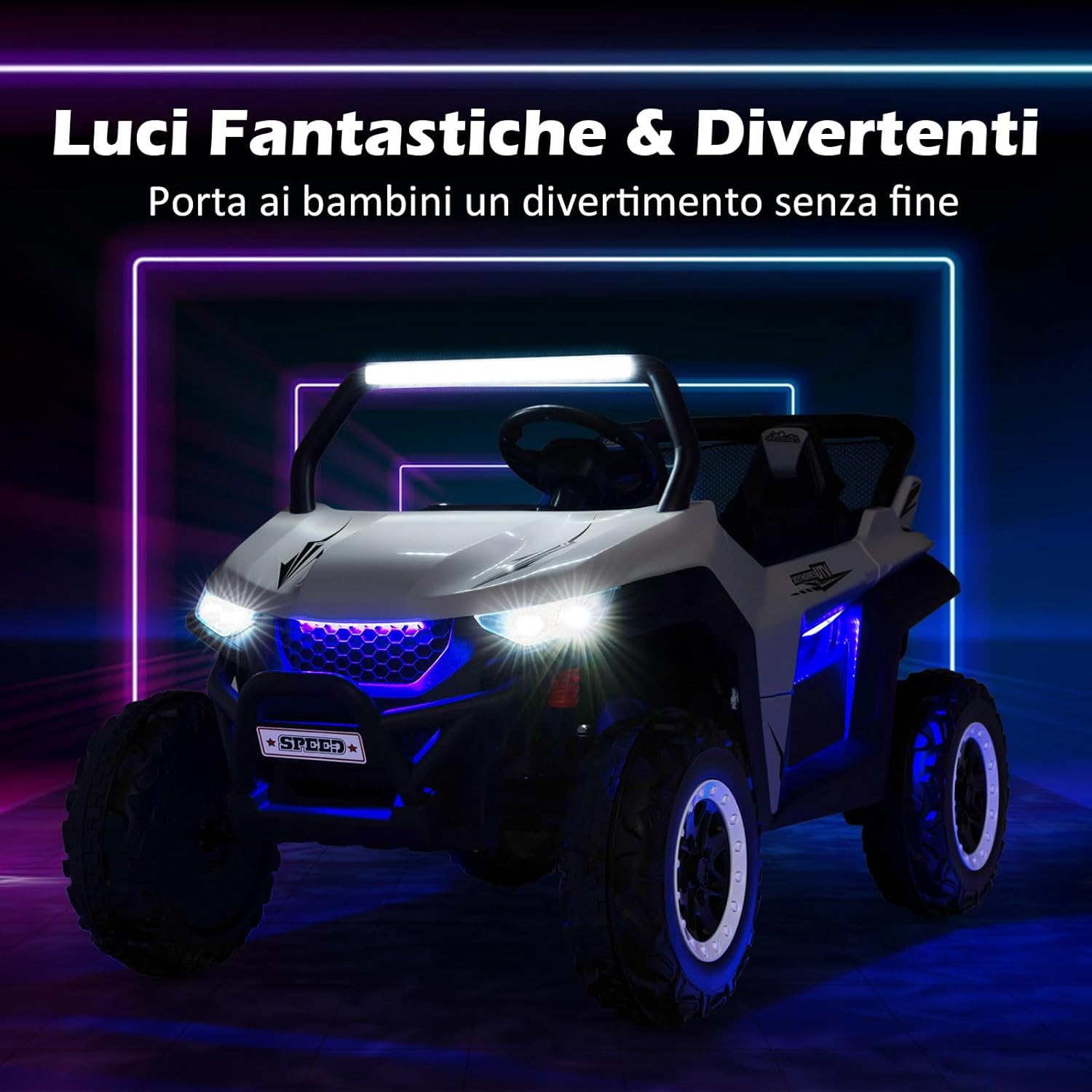 12V Auto Elettrico per Bambini, Macchina Fuoristrada a 2 Posti, Macchina Elettrica con Luci Suoni, Regalo per Bambini 3-8 Anni, 118x74x71 cm (Bianco)