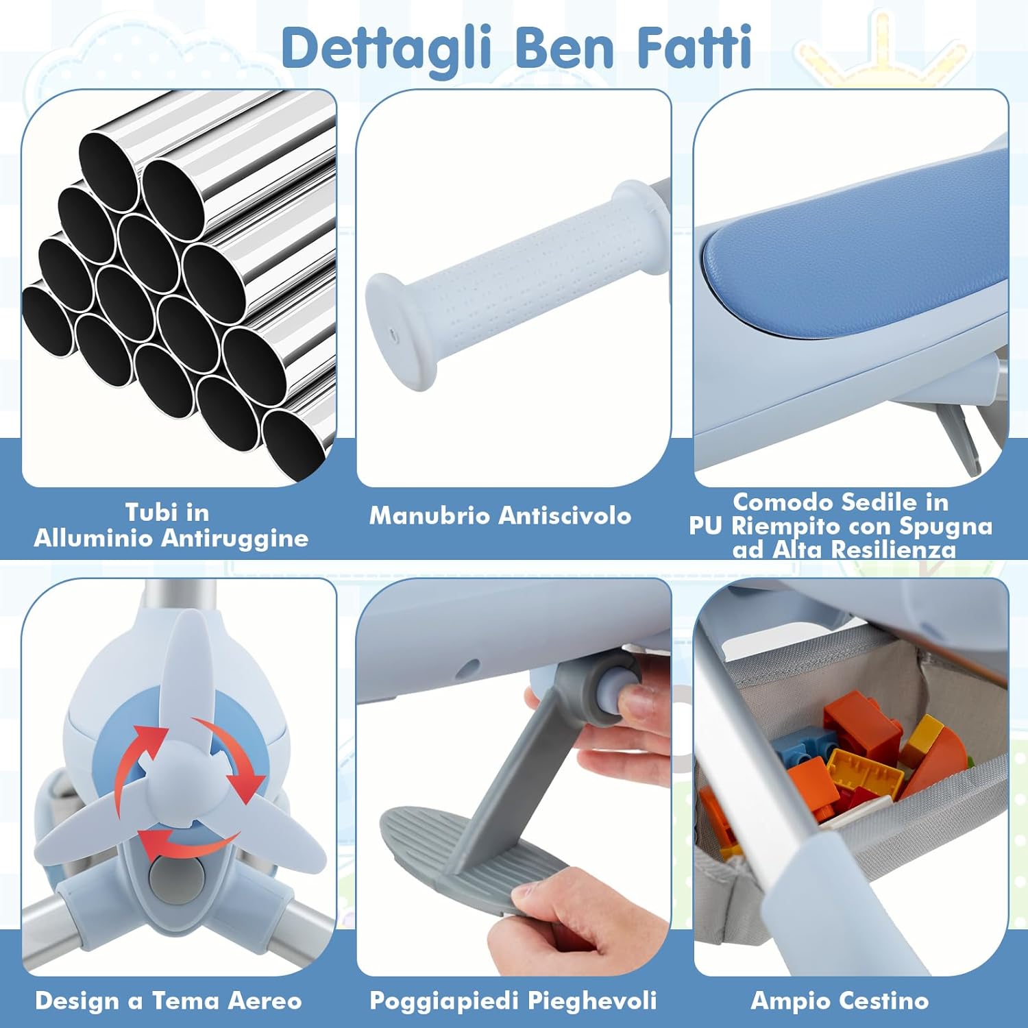 2 in 1 Auto a Spinta per Bambini, Giocattolo Scorrevole con Luci a LED Maniglia Rimovibile e Regolabile, Poggiapiedi Pieghevole e Cestino Posteriore Portaoggetti, per Bambini 18-70 Mesi (Blu)