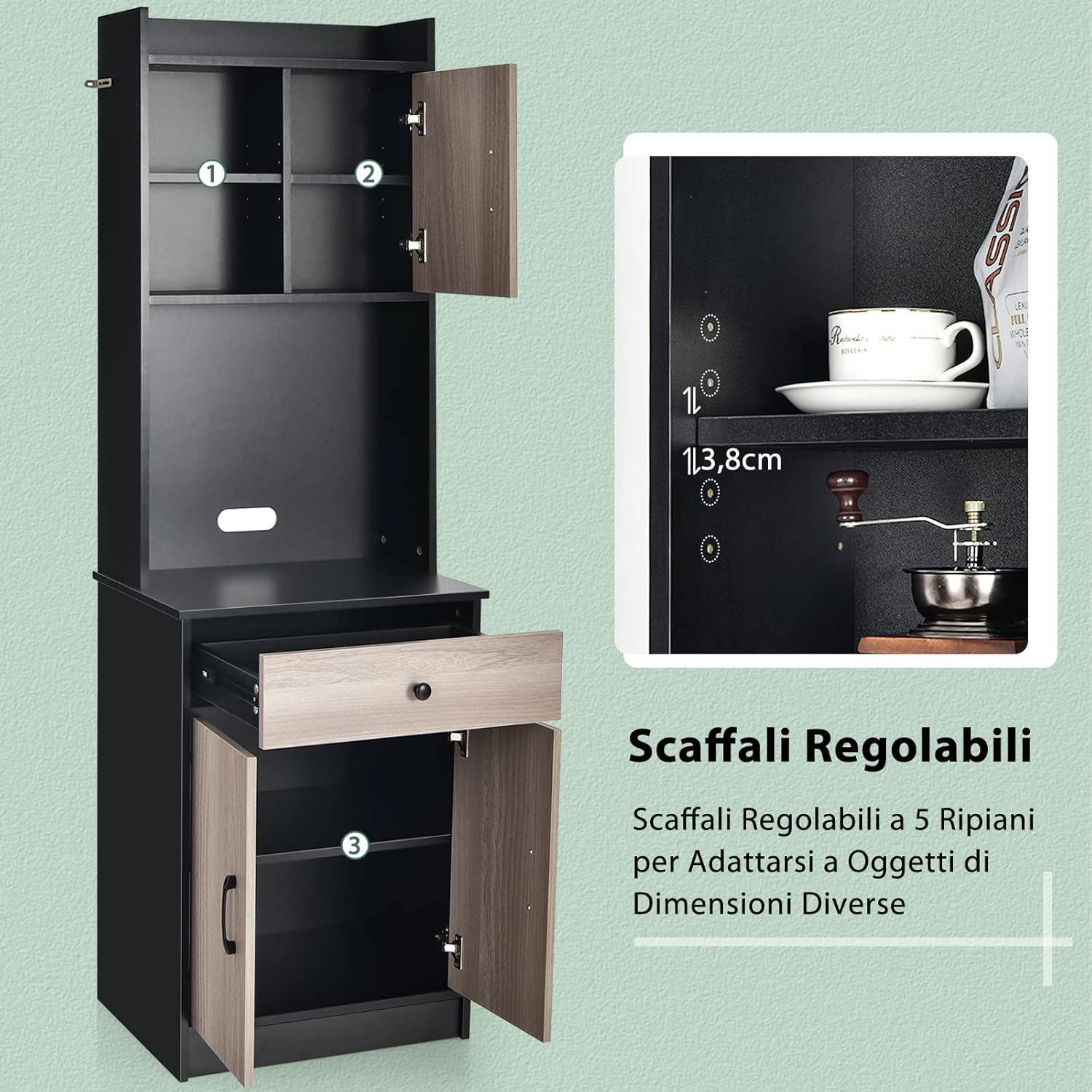 Mobile Cucina con 3 Ante e Credenza, Dispensa Cucina con Cassetto, con Foro per Cavi e Ripiani Regolabili, Ampio Spazio Aperto per Microonde, 60 x 40 x 180 cm (Nero)