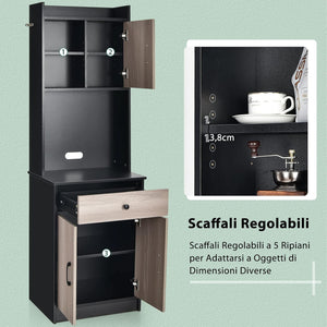 Mobile Cucina con 3 Ante e Credenza, Dispensa Cucina con Cassetto, con Foro per Cavi e Ripiani Regolabili, Ampio Spazio Aperto per Microonde, 60 x 40 x 180 cm (Nero)