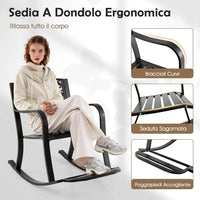 Sedia a Dondolo da Giardino Stile Rustico, Sedia da Esterno in Alluminio con Poggiapiedi, Schienale Decorativo e Braccioli, Dondolo per Giardino e Balcone, 102 x 62,5 x 89 cm, Marrone