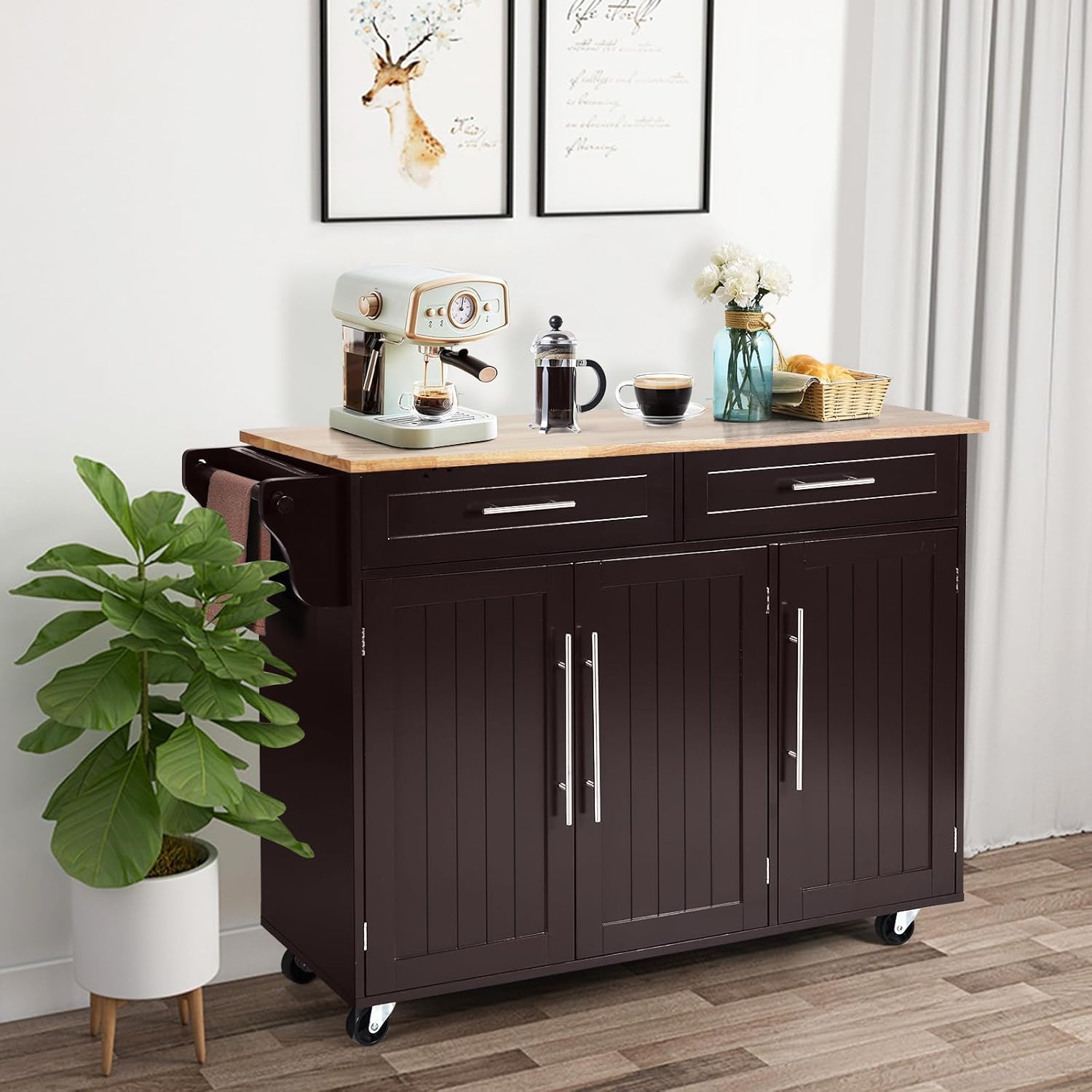 Carrello da Cucina, Carrello di Servizio con Ruote e Maniglia, 3 Ante e 2 Cassetti, Ideale per Cucina Ristorante Bar, 122x46x92,3 cm (Marrone)