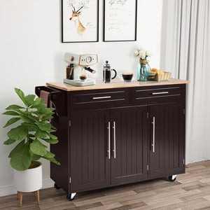 Carrello da Cucina, Carrello di Servizio con Ruote e Maniglia, 3 Ante e 2 Cassetti, Ideale per Cucina Ristorante Bar, 122x46x92,3 cm (Marrone)