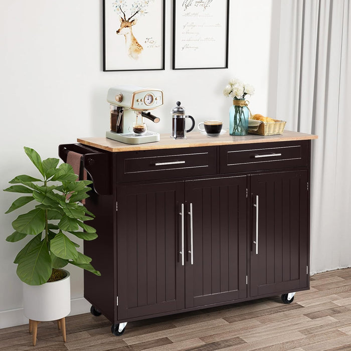 Carrello da Cucina, Carrello di Servizio con Ruote e Maniglia, 3 Ante e 2 Cassetti, Ideale per Cucina Ristorante Bar, 122x46x92,3 cm (Marrone)