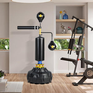 Bersaglio Boxe Multifunzionale da Terra, Sacco da Boxe con Asta Rotante a 360°Autonoma con 2 Palle, Altezza Regolabile e Base Riempibile, per Casa o Palestra