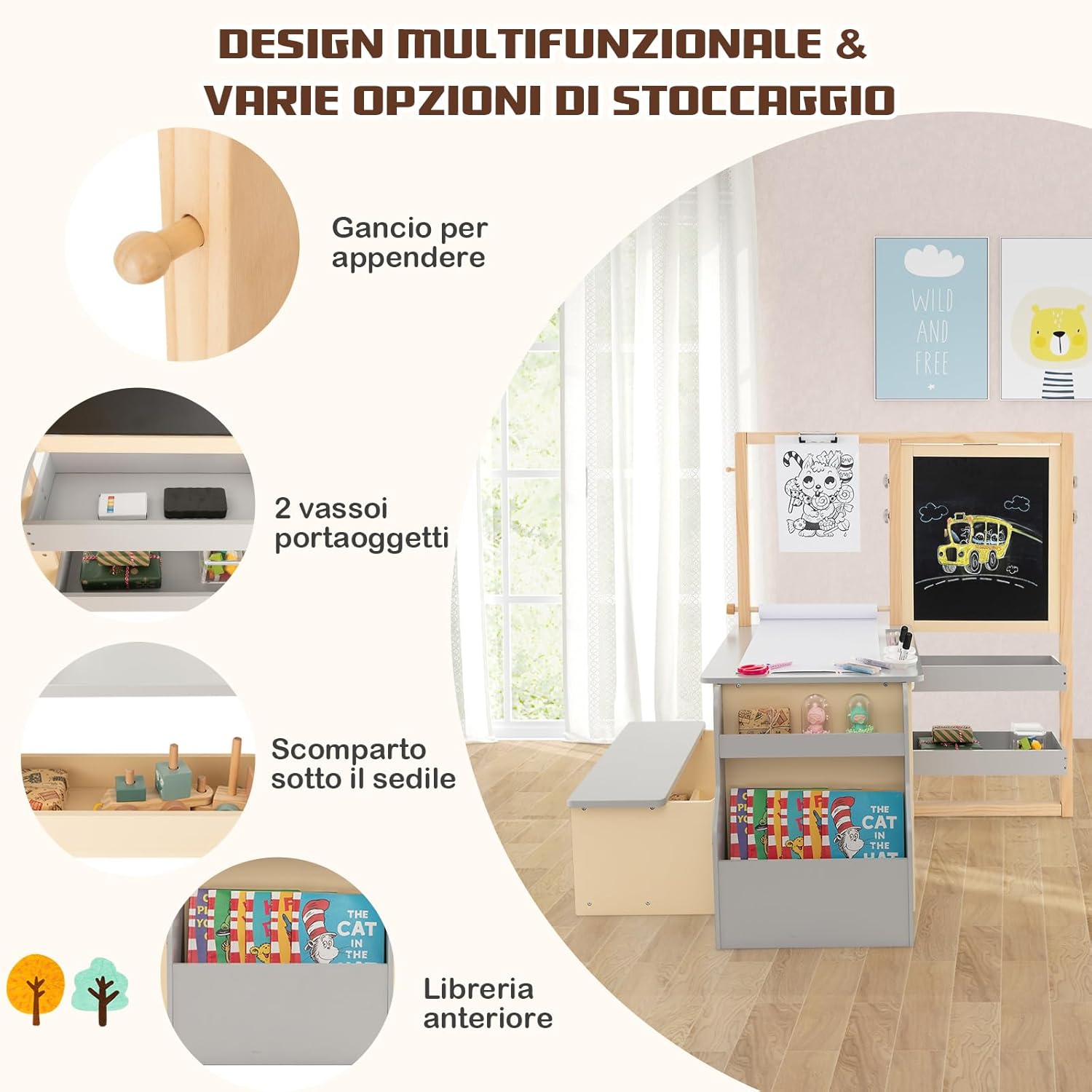 Set 3 in 1 Tavolo e Sedie per Bambini 3+ Anni, Tavolo in Legno Sicuro con Lavagna Cancellabile, Magnetica, Cavalletto Regolabile, Libreria e Accessori Artistici, per Disegno (Grigio)