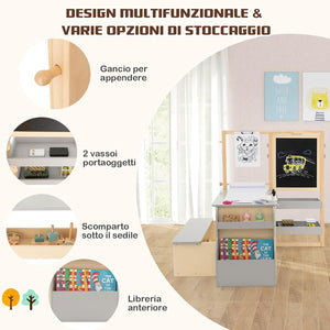Set 3 in 1 Tavolo e Sedie per Bambini 3+ Anni, Tavolo in Legno Sicuro con Lavagna Cancellabile, Magnetica, Cavalletto Regolabile, Libreria e Accessori Artistici, per Disegno (Grigio)