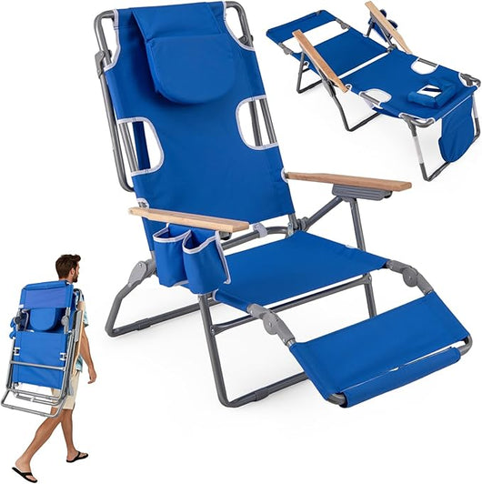 Sedia da Spiaggia Pieghevole 3 in 1, con Foro per il Viso, Poggiapiedi, Schienale Regolabile, Cuscino, Poltrona Prendisole per Spiaggia, Campeggio, Bordo, Piscina, Portata 150 kg (Blu)