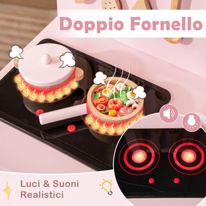 Cucina Giocattolo con Fornelli a Suoni e Luci Reali, Cucina per Bambini in Legno con Lavandelo Estrabile, Rubinetto e Forno, Set Cucina con 11 Accessori, 55 x 31 x 75 cm (Rosa)