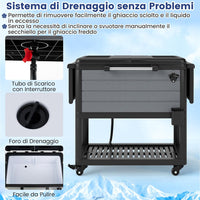 Carrello Porta Ghiaccio su Ruote 83 x 50 x 85 cm, Carrello Refrigerante con Ripiani di Stoccaggio e Apribottiglie, Portata 91 L, Frigorifero Portavivande da Esterno per Feste e Barbecue