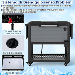 Carrello Porta Ghiaccio su Ruote 83 x 50 x 85 cm, Carrello Refrigerante con Ripiani di Stoccaggio e Apribottiglie, Portata 91 L, Frigorifero Portavivande da Esterno per Feste e Barbecue