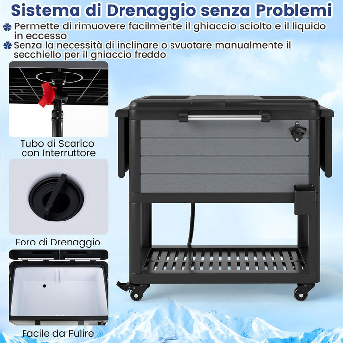 Carrello Porta Ghiaccio su Ruote 83 x 50 x 85 cm, Carrello Refrigerante con Ripiani di Stoccaggio e Apribottiglie, Portata 91 L, Frigorifero Portavivande da Esterno per Feste e Barbecue