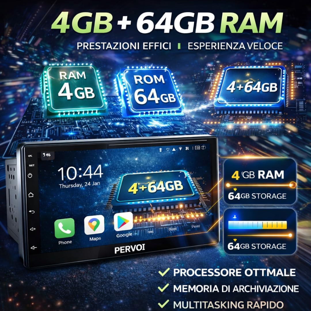 Autoradio 2 DIN 7" Touchscreen HD, Apple CarPlay e Android Auto Wireless, Bluetooth, Controllo Volante, Universale con Telecamera Retromarcia Inclusa