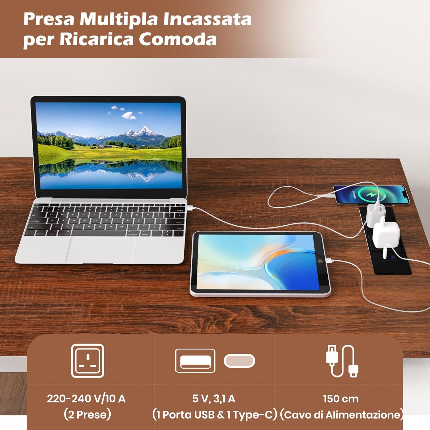 Scrivania Angolare a Forma di L con Presa di Corrente, Scrivania ad Angolo Salvaspazio e Reversibile con 3 Cassetti, Stazione da Lavoro per Ufficio a Casa (Marrone e Bianco)