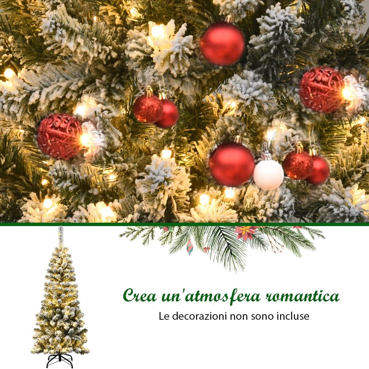 Albero di Natale Slim 135/180/225 cm, Albero di Natale Innevato con 150/250/350 Luci LED, 242/500/641 Rami e Base di Metallo, Decorazione Natalizia per Casa e Negozio (135 cm)