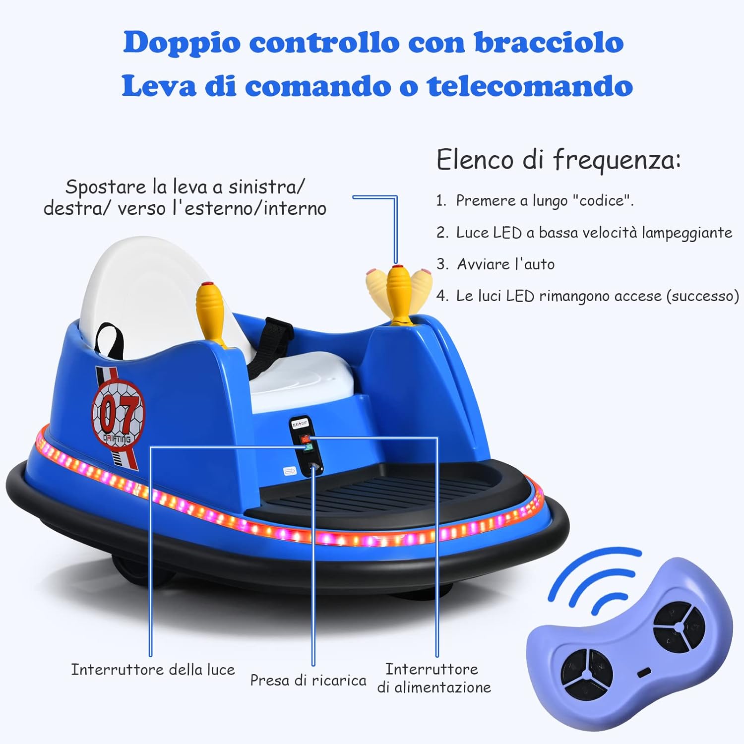 Veicolo Elettrico Macchina Elettrica Design Autoscontro per Bambini, Girevole a 360°, con Luci e Musica, con Telecomando, per Bambini 2-5 Anni (Blu)