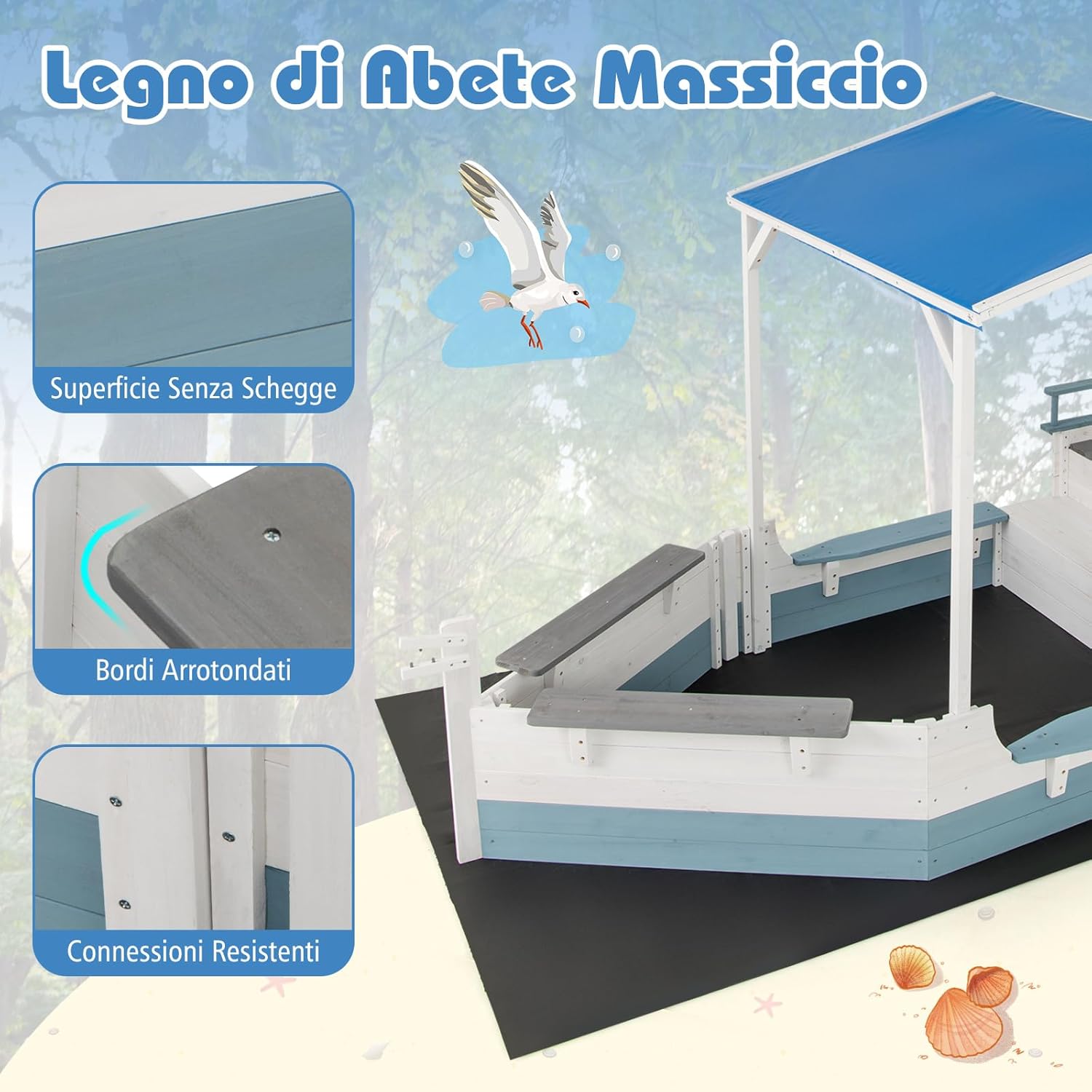 Sabbiera per Bambini a Forma di Nave Pirata con Tettuccio, Barca di Legno di Abete con Bandiera Timone e Sedili, Area Gioco di Sabbia, 218×110×162 cm