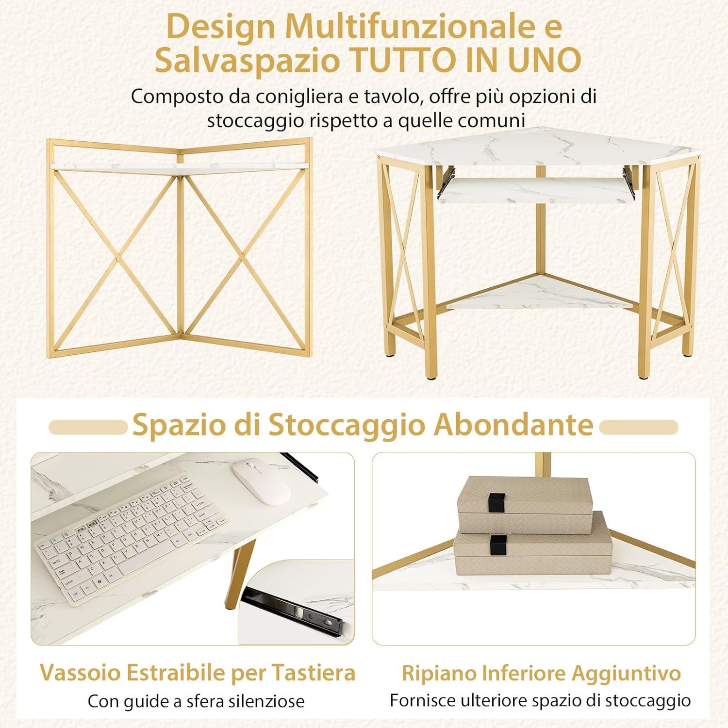 Scrivania Angolare con Prese, Scrivania ad Angolo con Ripiani, Porta Tastiera Estraibile e Struttura in Metallo, Scrivania Salvaspazio per Ufficio e Casa(bianco e oro)