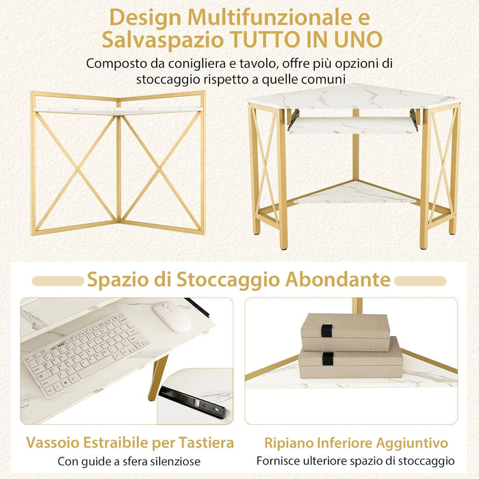Scrivania Angolare con Prese, Scrivania ad Angolo con Ripiani, Porta Tastiera Estraibile e Struttura in Metallo, Scrivania Salvaspazio per Ufficio e Casa(bianco e oro)