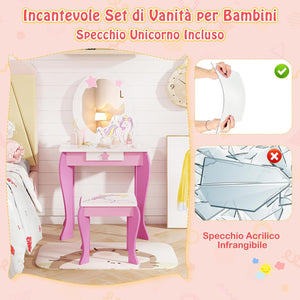Set Toeletta per Ragazza, Toeletta Trucco per Bambini con Sgabello, Specchio Staccabile e Cassetto, Postazione Trucco in Legno per Cameretta 49.5 x 35.5 x 89cm (Rosa)