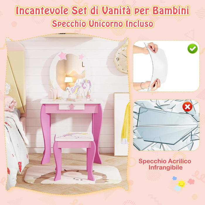 Set Toeletta per Ragazza, Toeletta Trucco per Bambini con Sgabello, Specchio Staccabile e Cassetto, Postazione Trucco in Legno per Cameretta 49.5 x 35.5 x 89cm (Rosa)