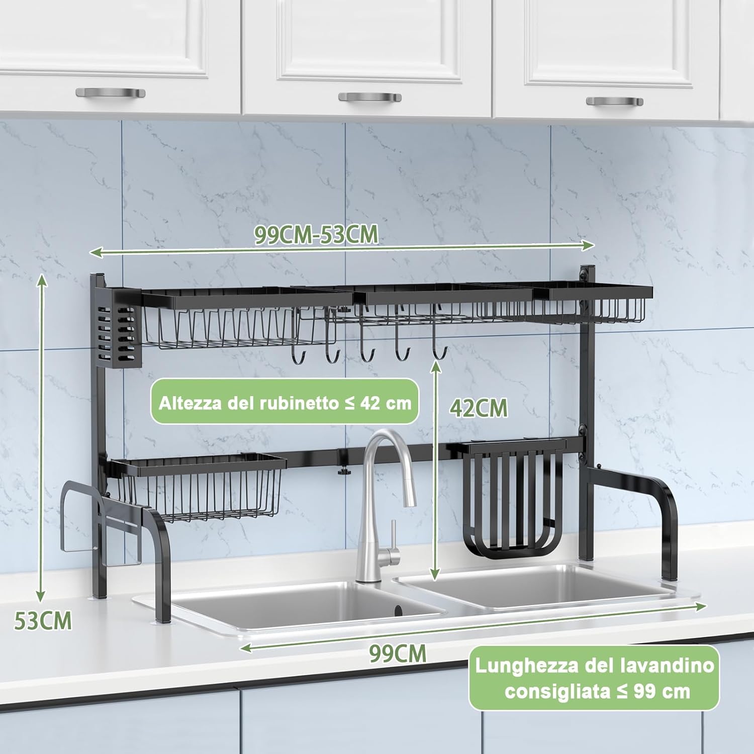 Scolapiatti sul Lavandino, Scolapiatti a 2 Livelli Regolabile per Riporre i Piatti e Utensili da Cucina, con 4 Cestini e 8 Ganci, Carico Massimo: 50 kg