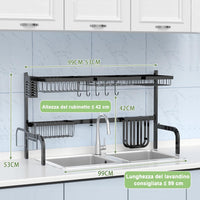 Scolapiatti sul Lavandino, Scolapiatti a 2 Livelli Regolabile per Riporre i Piatti e Utensili da Cucina, con 4 Cestini e 8 Ganci, Carico Massimo: 50 kg