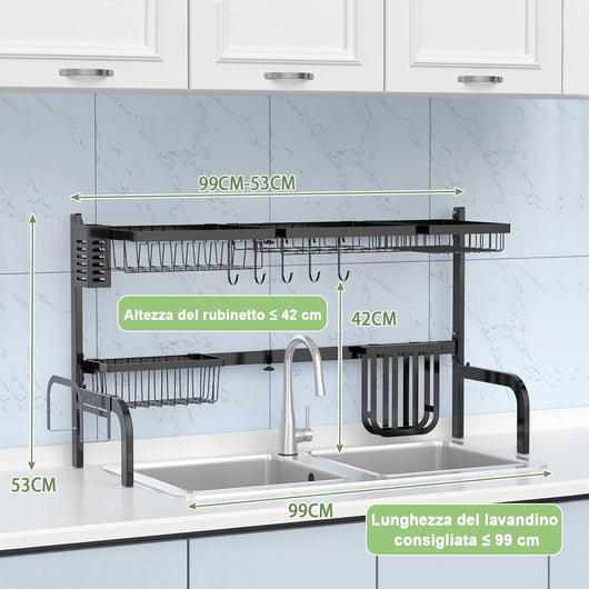 Scolapiatti sul Lavandino, Scolapiatti a 2 Livelli Regolabile per Riporre i Piatti e Utensili da Cucina, con 4 Cestini e 8 Ganci, Carico Massimo: 50 kg