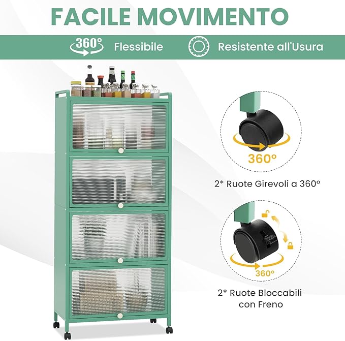Armadio da Cucina a 5 Piani, Mobile per Microonde con Porte PC a Scomparsa, con 4 Ruote Girevoli, per Sala da Pranzo Soggiorno e Studio, 60x32x154 cm (Verde)