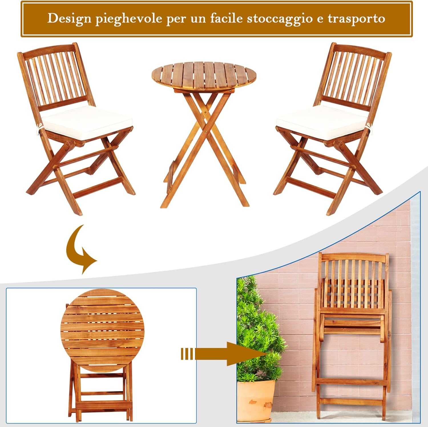 Set Tavolo e Sedie da Giardino, Set Mobili da Giardino Pieghevoli 3 Pezzi in Legno di Acacia, con Cuscini, Arredo Giardino per Giardino Terrazzo Balcone (Cuscini Beige)