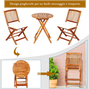 Set Tavolo e Sedie da Giardino, Set Mobili da Giardino Pieghevoli 3 Pezzi in Legno di Acacia, con Cuscini, Arredo Giardino per Giardino Terrazzo Balcone (Cuscini Beige)