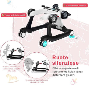 Girello per Bambini 4 in 1, Girello Pieghevole con Altezza e Velocità Regolabili, Carillon con Luci, Volante, Primi Passi per Bambini 6-18 Mesi, Portata 15 kg (Bianco)