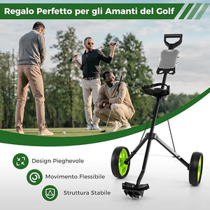 Carrello da Golf Pieghevole con 2 Ruote, Carrello da Golf in Ferro con Tabellone Segnapunti, 140 x 63,5 x 113 cm, Nero(Verde)