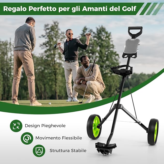 Carrello da Golf Pieghevole con 2 Ruote, Carrello da Golf in Ferro con Tabellone Segnapunti, 140 x 63,5 x 113 cm, Nero(Verde)
