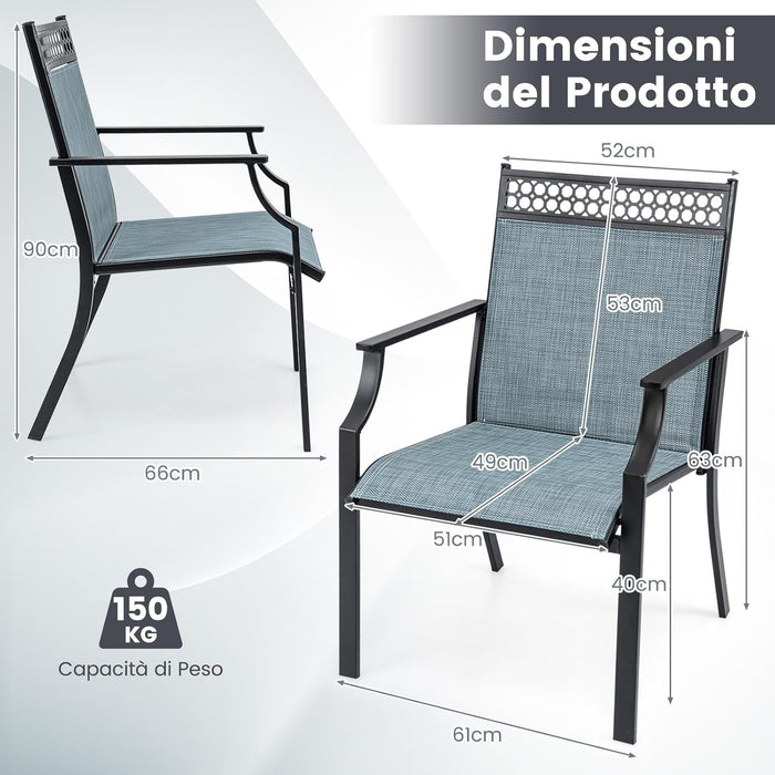 Set di 2 Sedie da Giardino in Textilene, Sedie da Esterno con Schienale Alto, Braccioli, Robusto Telaio in Metallo, Fino a 150 kg, per Patio Terrazza Balcone (Blu + Nero)