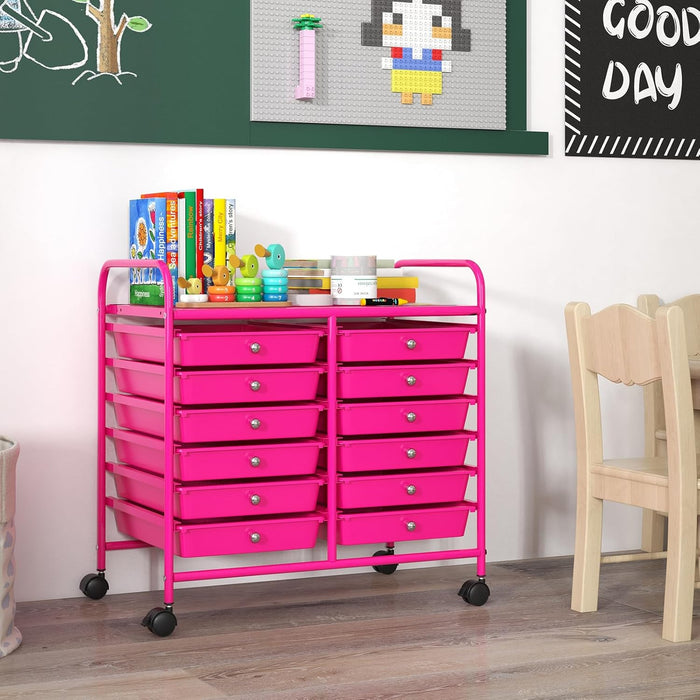 Carrello di Stoccaggio con 12 Cassetti, Carrello portaoggetti con 4 Ruote, Carrello Multiuso per Scuola Ufficio Cucina, 64 x 38 x 62 cm (12 cassetti Rosa)