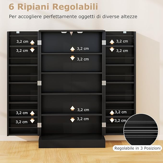 Armadietto Dispensa Alto 104 cm, Mobiletto da Cucina con Ante e Ripiani Regolabili, Credenza Autoportante per Sala da Pranzo, Soggiorno, Camere da Letto, 59 x 30 x 104 cm (Nero)