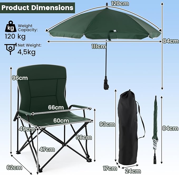 Sedia da Campeggio con Ombrello Regolabile, Sedia da Giardino Imbottita con Borsa e Tettuccio Parasole, Poltrona Pieghevole per Spiaggia, Pesca, Sport, Portata 160 kg