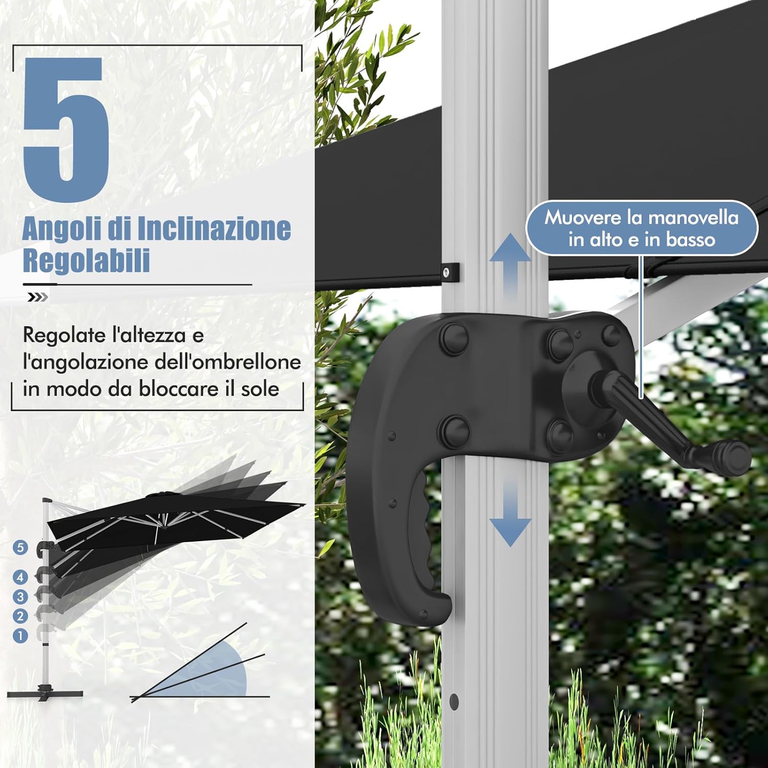 Ombrellone da Giardino, con Base Incrociata, Ombrellone Quadrato da Esterno con Palo in Alluminio e Girevole a 360°, Manovella e Inclinazione Regolabile, 300 x 300 cm (Nero)