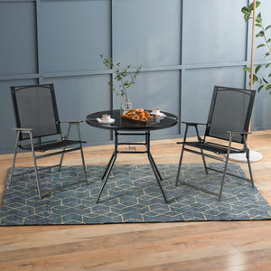 Tavolo Rotondo da Giardino con Buco per Ombrellone, Tavolo da Esterno in Vetro Temperato Struttura in Metallo, Tavolino per Balcone, Terrazza, Sala Pranzo e Soggiorno, 86 x 86 x 71 cm, Nero