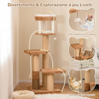 Tiragraffi per Gatto Alto 165 cm, Albero Tiragraffi Gatto con 4 Piattaforme, 4 Pali Sisal, Spazzola, Corda e Palla Pompon, Torre Tiragraffi per Gatti Imbottito Rimovibile, Caramello