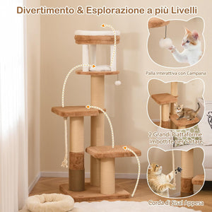 Tiragraffi per Gatto Alto 165 cm, Albero Tiragraffi Gatto con 4 Piattaforme, 4 Pali Sisal, Spazzola, Corda e Palla Pompon, Torre Tiragraffi per Gatti Imbottito Rimovibile, Caramello