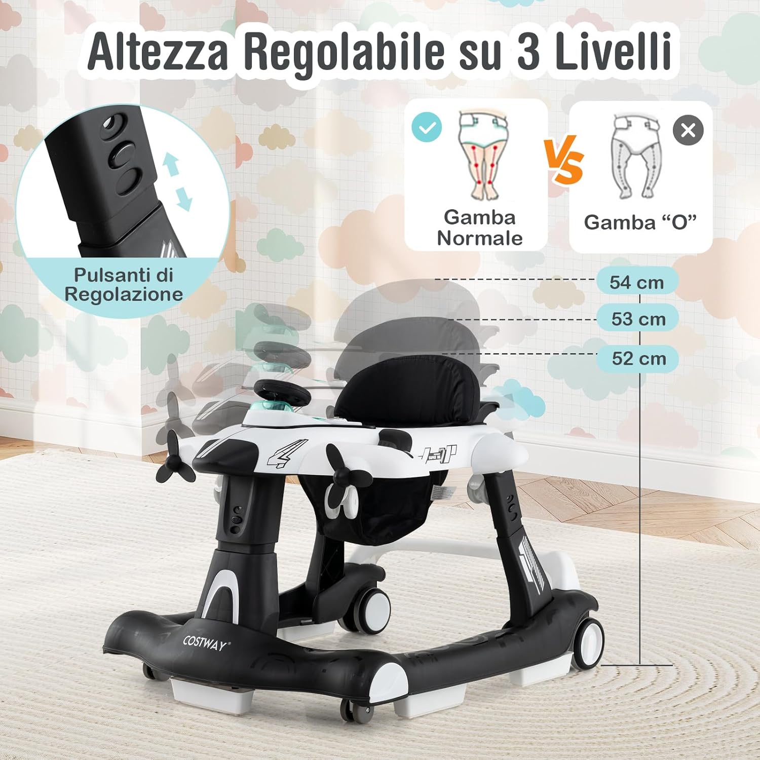 6 in 1 Girello per Bambini, Girello Pieghevole con Altezza Regolabile a 3 Livelli, Scatola Musicale Rimovibile, Vassoio per Alimenti, Portata 12 kg, per Bambini di 6-18 Mesi (Bianco)