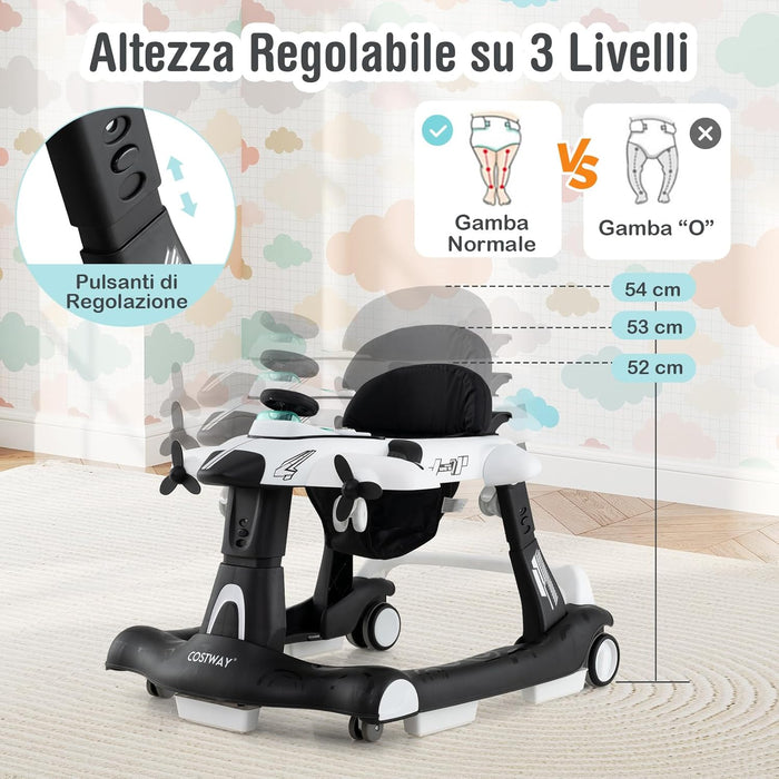 6 in 1 Girello per Bambini, Girello Pieghevole con Altezza Regolabile a 3 Livelli, Scatola Musicale Rimovibile, Vassoio per Alimenti, Portata 12 kg, per Bambini di 6-18 Mesi (Bianco)